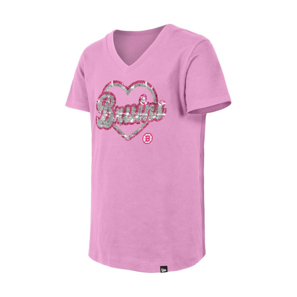 Boston Bruins New Era Girl's Youth Flip Sequin V-Neck T-Shirt - Pink - NHL