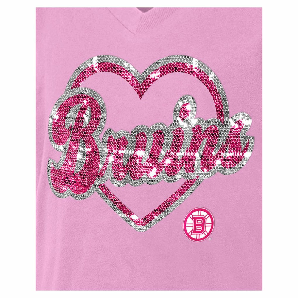 Boston Bruins New Era Girl's Youth Flip Sequin V-Neck T-Shirt - Pink - NHL