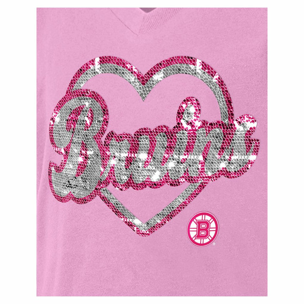 Boston Bruins New Era Girl's Youth Flip Sequin V-Neck T-Shirt - Pink - NHL
