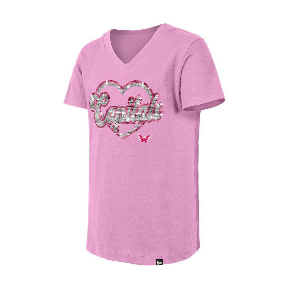 Washington Capitals New Era Girl's Youth Flip Sequin V-Neck T-Shirt - Pink - NHL