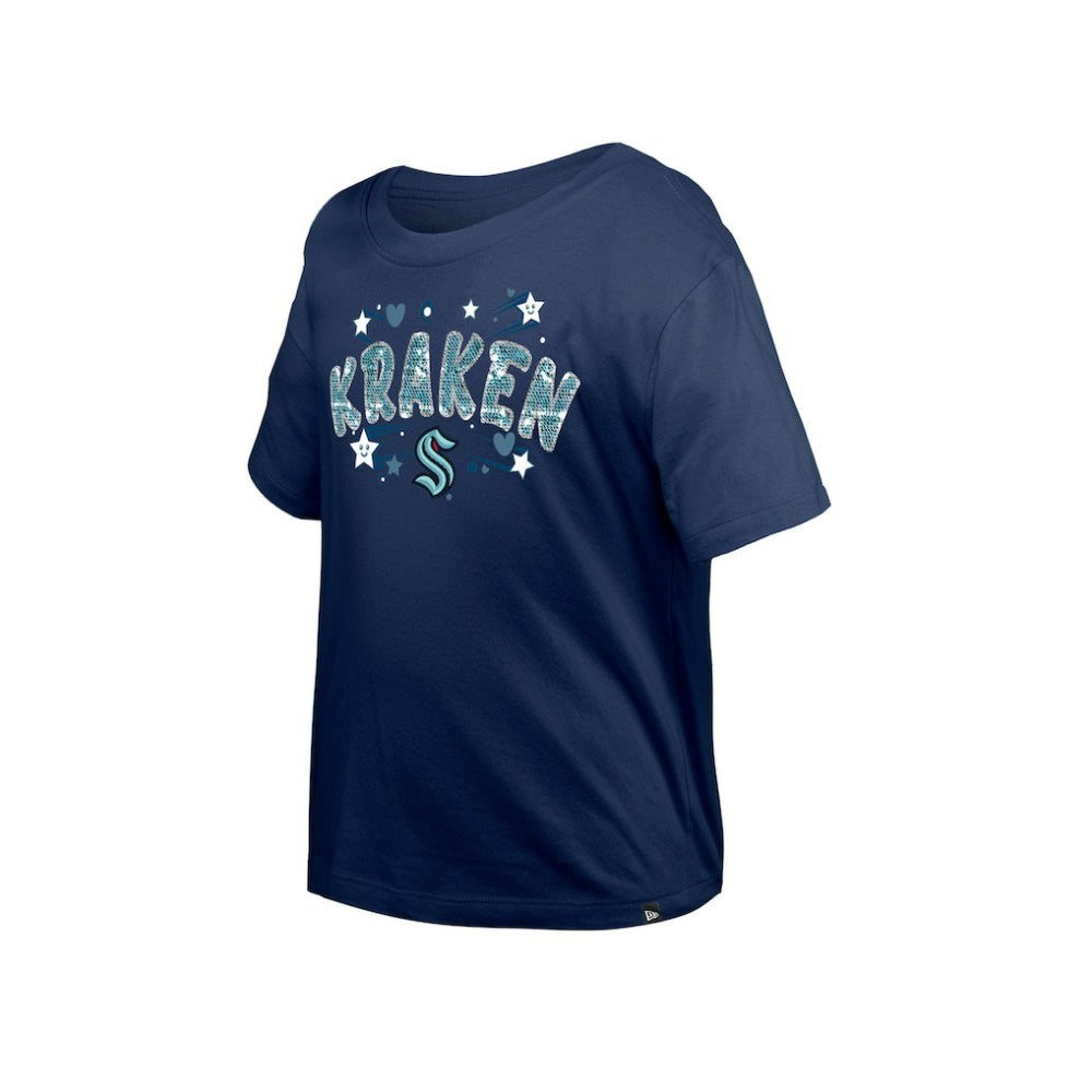 Seattle Kraken New Era Girl's Youth Flip Sequin T-Shirt - Deep Sea Blue - NHL