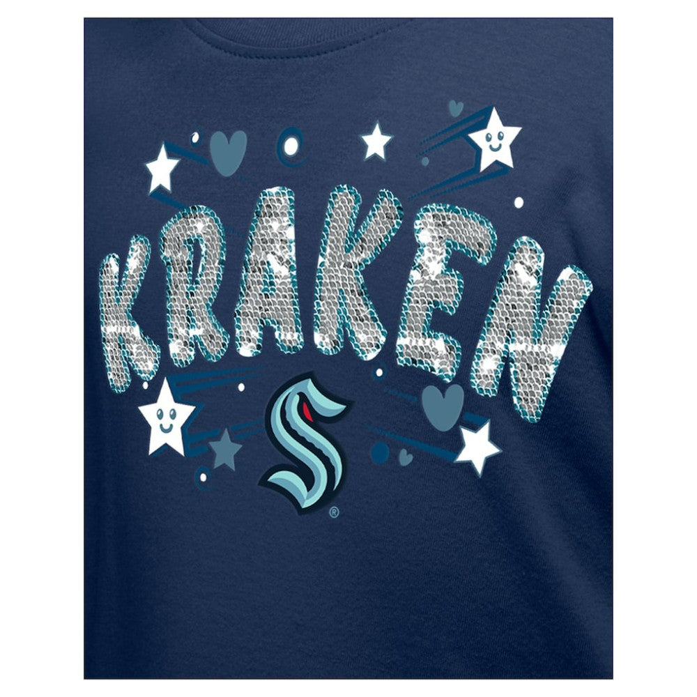 Seattle Kraken New Era Girl's Youth Flip Sequin T-Shirt - Deep Sea Blue - NHL