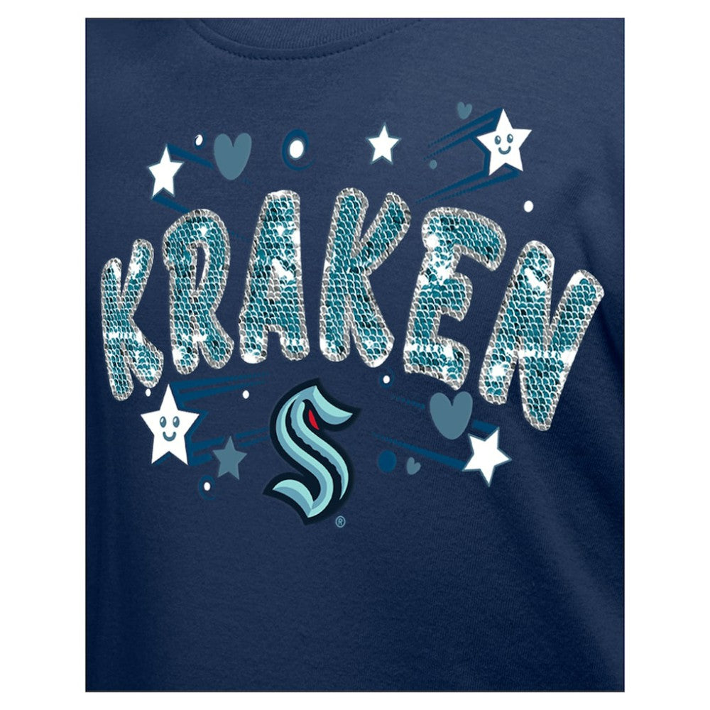 Seattle Kraken New Era Girl's Youth Flip Sequin T-Shirt - Deep Sea Blue - NHL