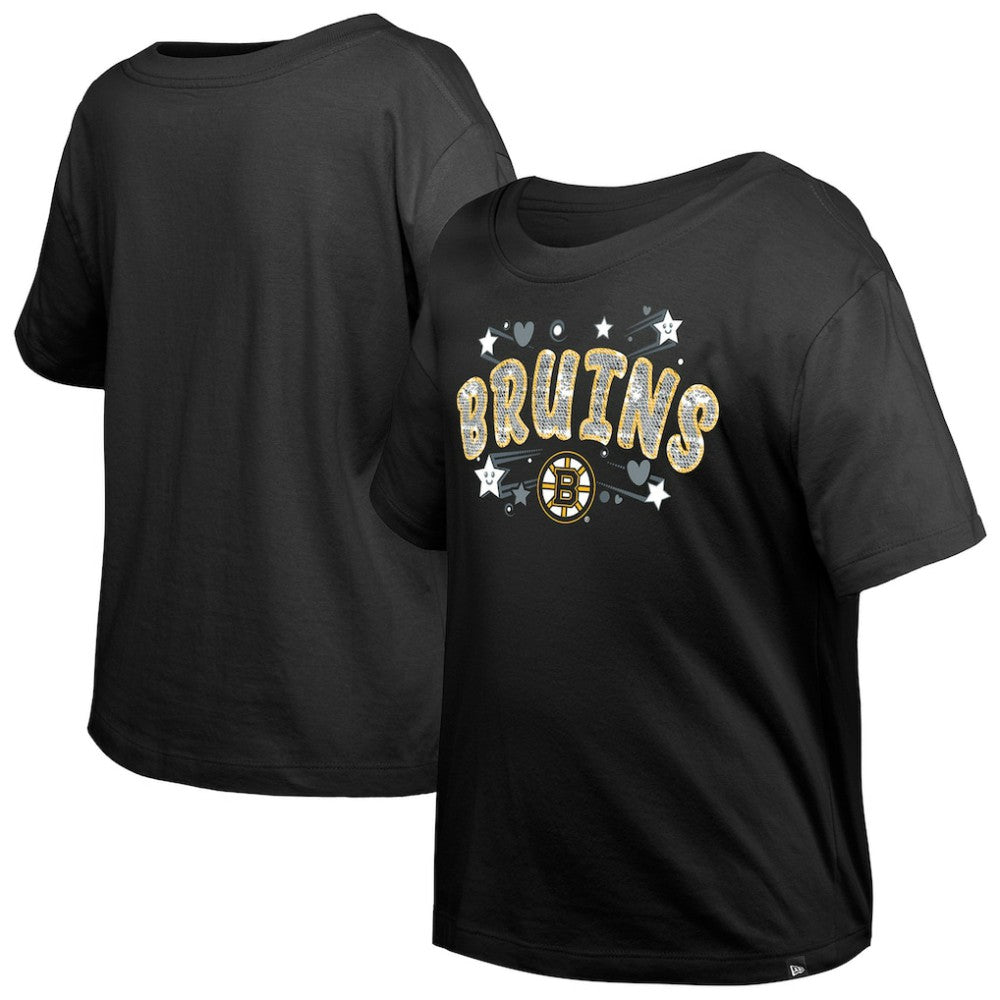 Boston Bruins New Era Girl's Youth Flip Sequin T-Shirt - Black - NHL