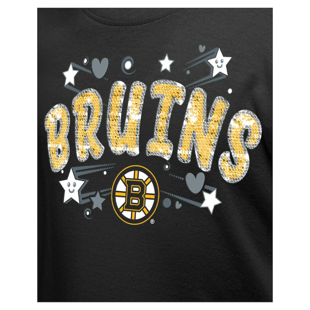 Boston Bruins New Era Girl's Youth Flip Sequin T-Shirt - Black - NHL