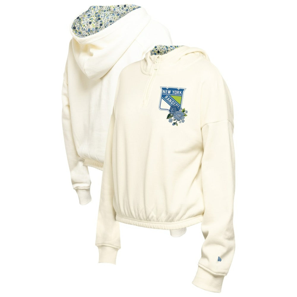 New York Rangers New Era Women's Glam Game Quarter-Zip Cropped Floral Hoodie Pullover - Cream - NHL