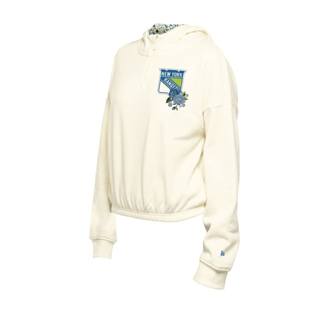 New York Rangers New Era Women's Glam Game Quarter-Zip Cropped Floral Hoodie Pullover - Cream - NHL