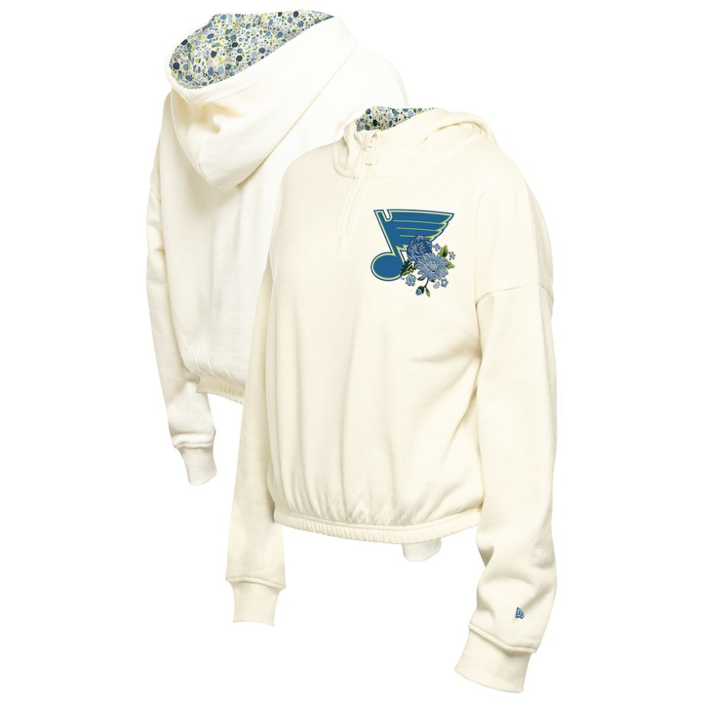 St. Louis Blues New Era Women's Glam Game Quarter-Zip Cropped Floral Hoodie Pullover - Cream - NHL