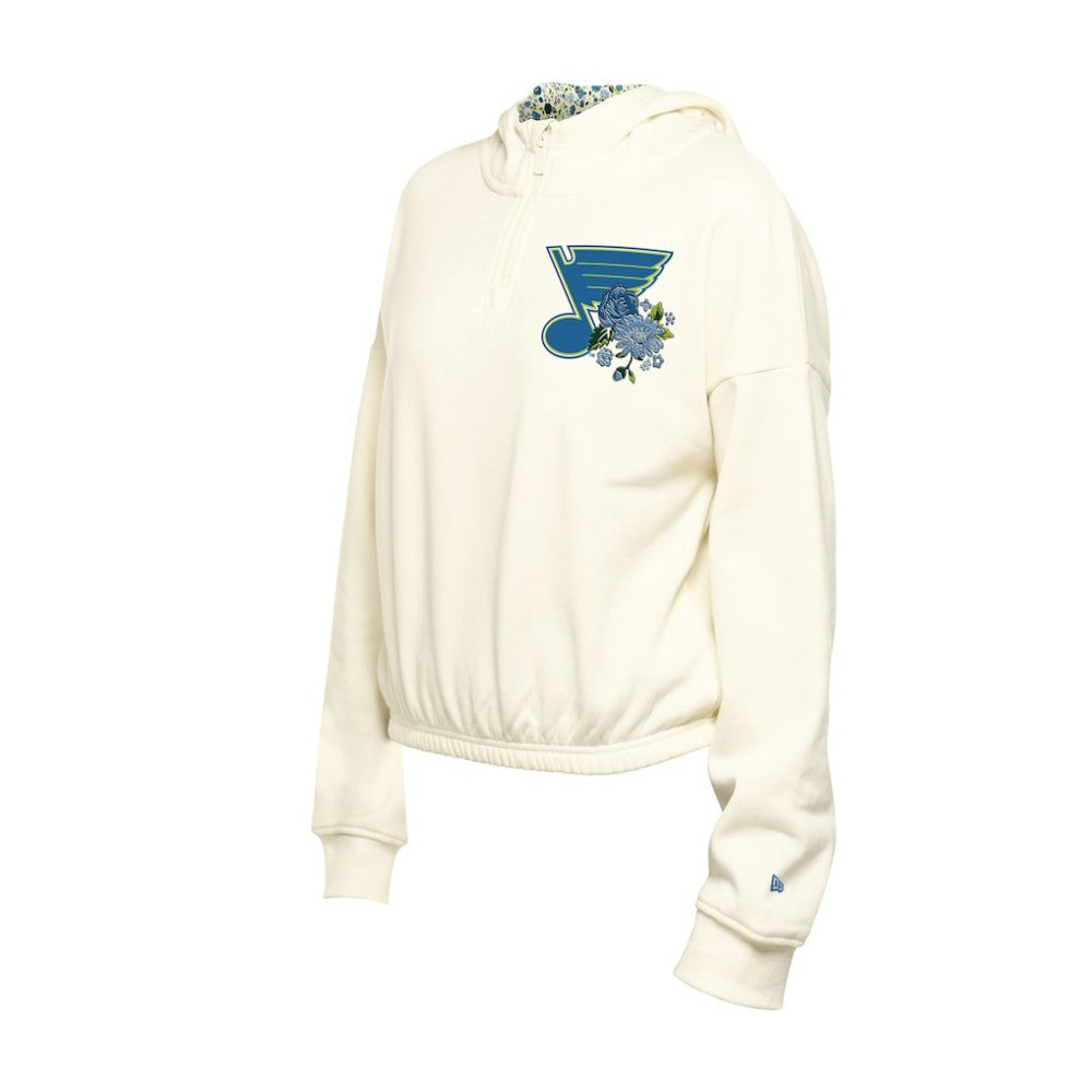 St. Louis Blues New Era Women's Glam Game Quarter-Zip Cropped Floral Hoodie Pullover - Cream - NHL