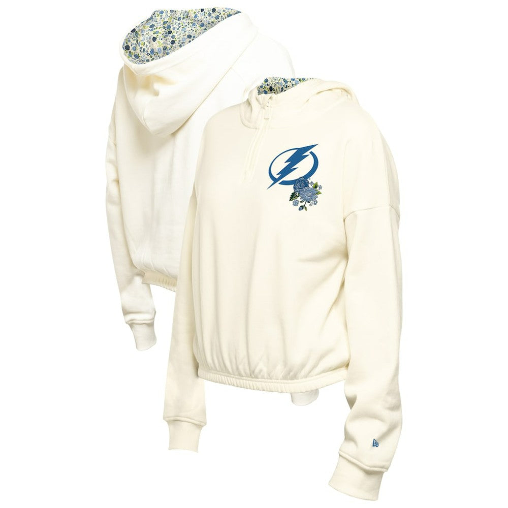 Tampa Bay Lightning New Era Women's Glam Game Quarter-Zip Cropped Floral Hoodie Pullover - Cream - NHL