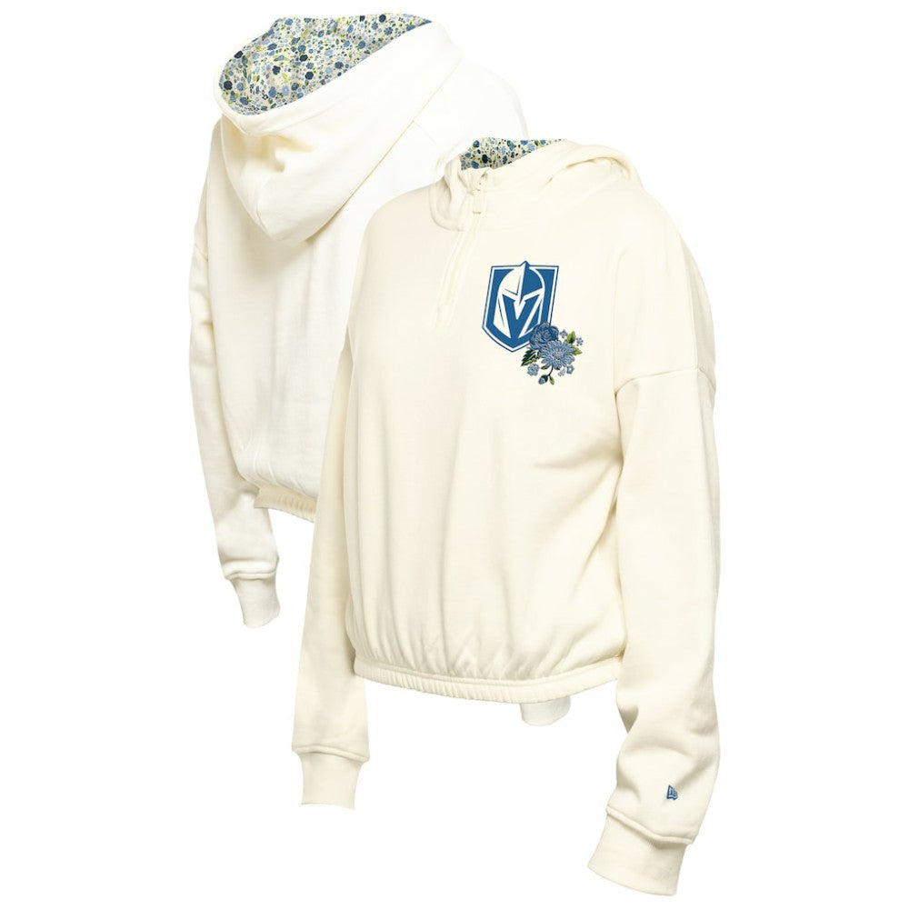 Vegas Golden Knights New Era Women's Glam Game Quarter-Zip Cropped Floral Hoodie Pullover - Cream - NHL