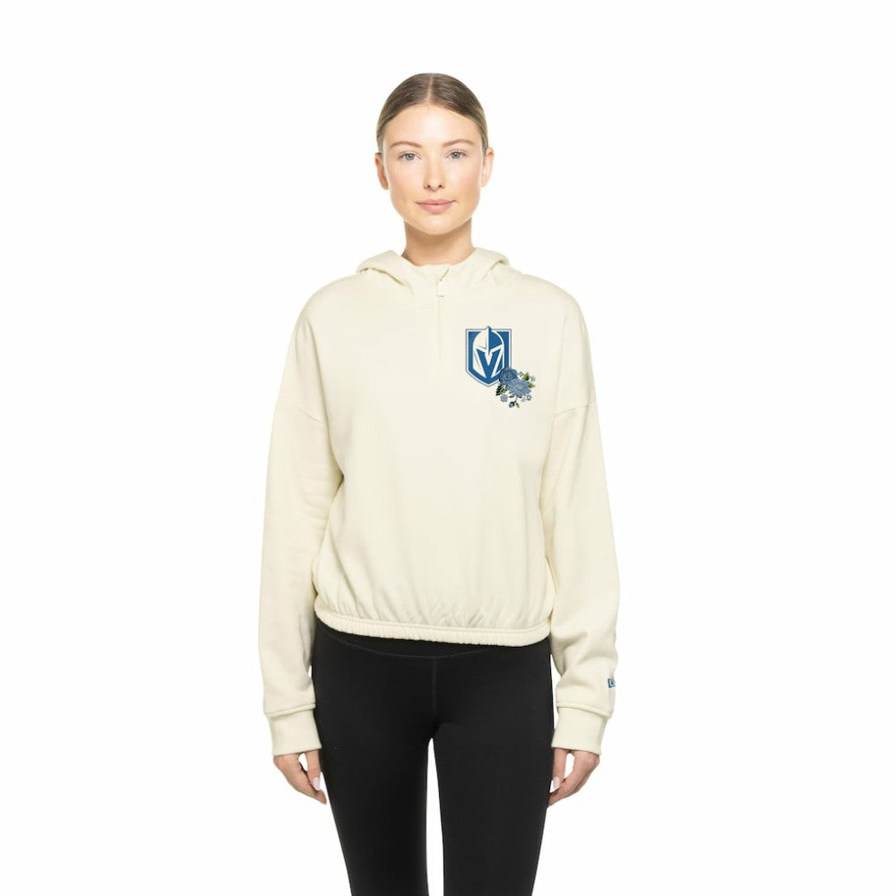 Vegas Golden Knights New Era Women's Glam Game Quarter-Zip Cropped Floral Hoodie Pullover - Cream - NHL