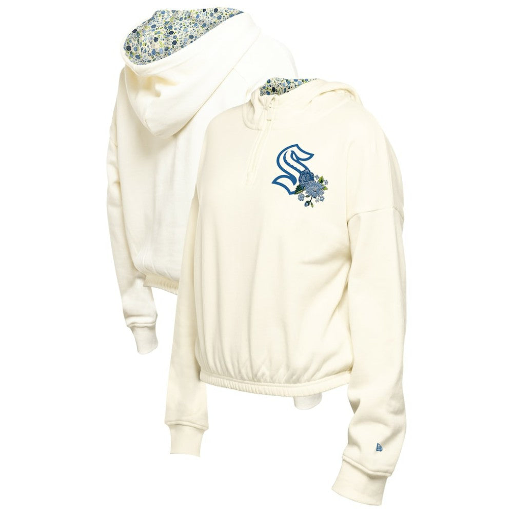 Seattle Kraken New Era Women's Glam Game Quarter-Zip Cropped Floral Hoodie Pullover - Cream - NHL