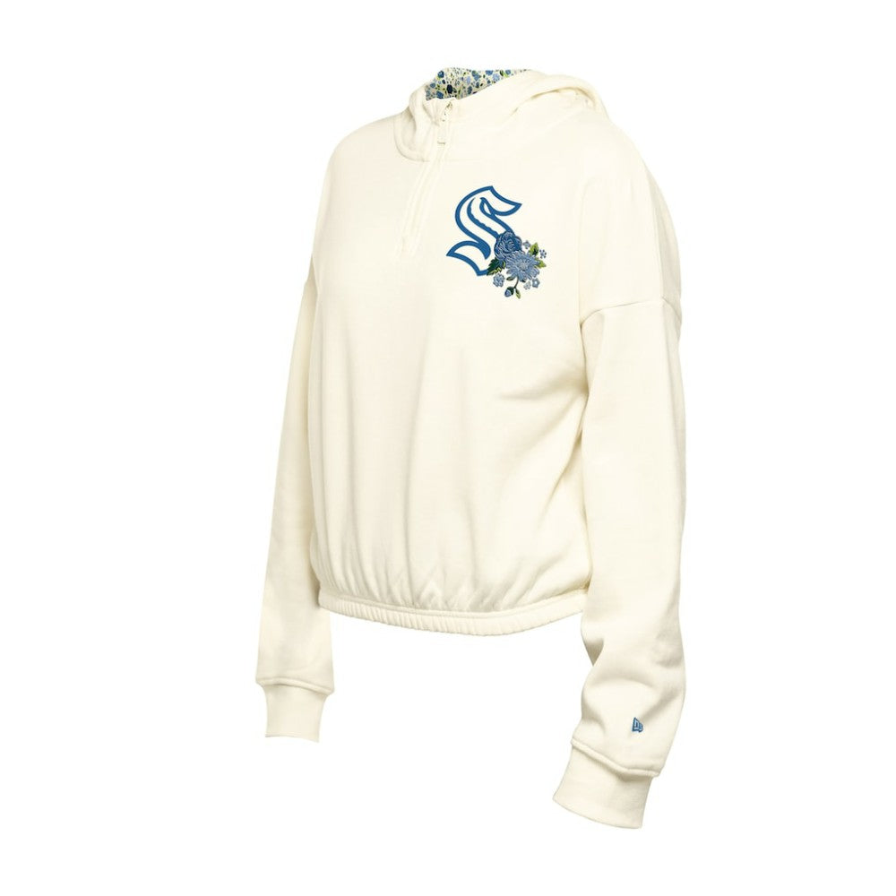 Seattle Kraken New Era Women's Glam Game Quarter-Zip Cropped Floral Hoodie Pullover - Cream - NHL
