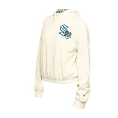 Seattle Kraken New Era Women's Glam Game Quarter-Zip Cropped Floral Hoodie Pullover - Cream - NHL
