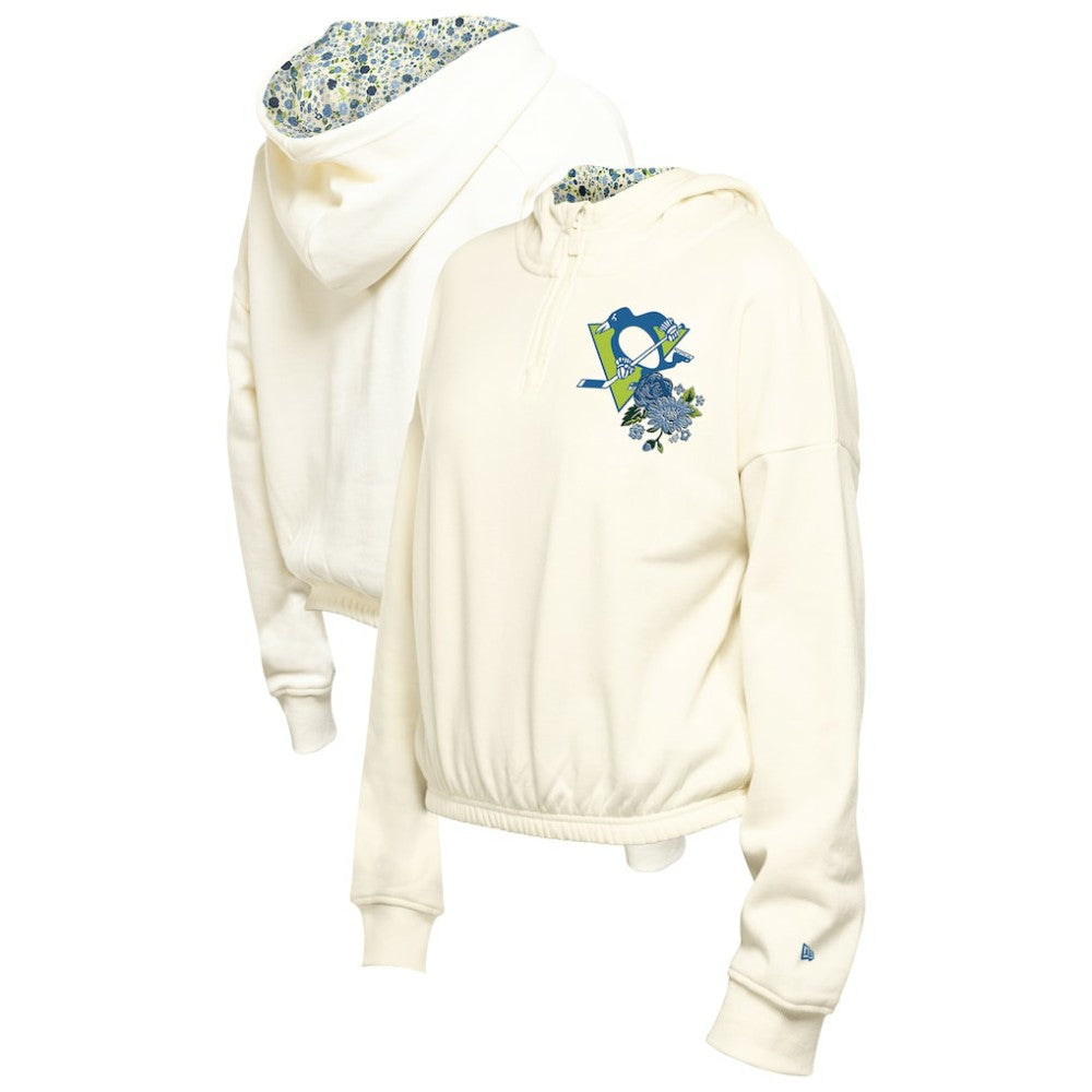 Pittsburgh Penguins New Era Women's Glam Game Quarter-Zip Cropped Floral Hoodie Pullover - Cream - NHL