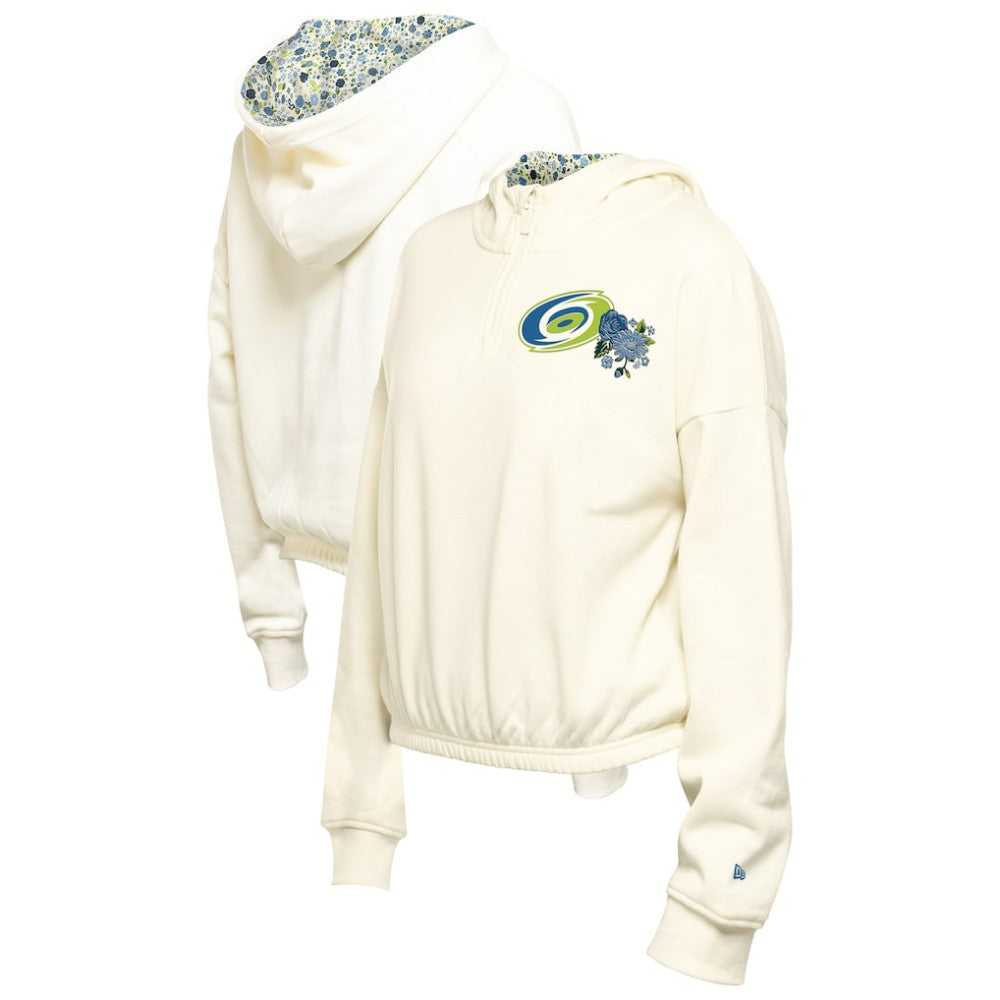 Carolina Hurricanes New Era Women's Glam Game Quarter-Zip Cropped Floral Hoodie Pullover - Cream - NHL