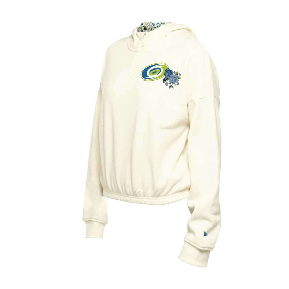Carolina Hurricanes New Era Women's Glam Game Quarter-Zip Cropped Floral Hoodie Pullover - Cream - NHL