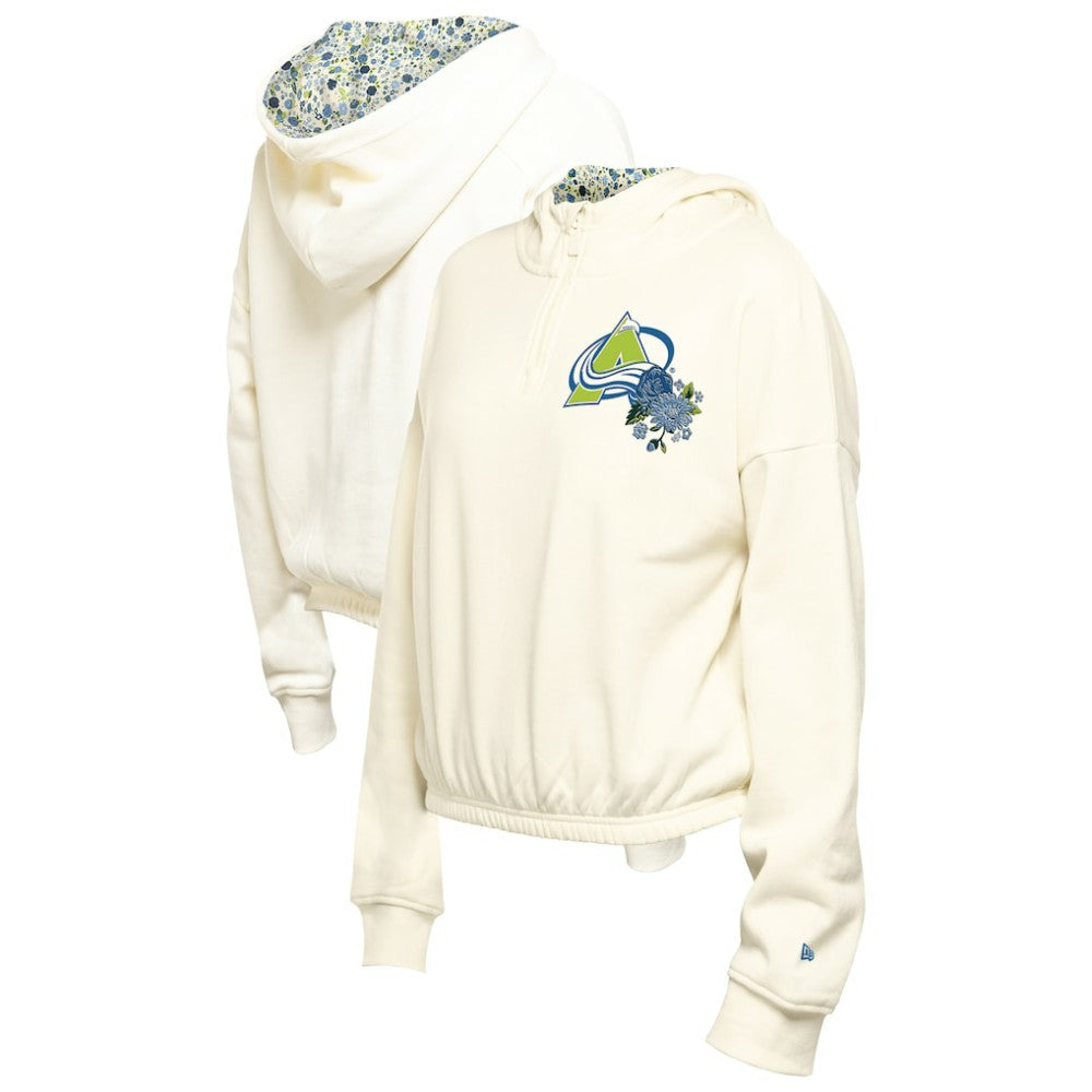 Colorado Avalanche New Era Women's Glam Game Quarter-Zip Cropped Floral Hoodie Pullover - Cream - NHL