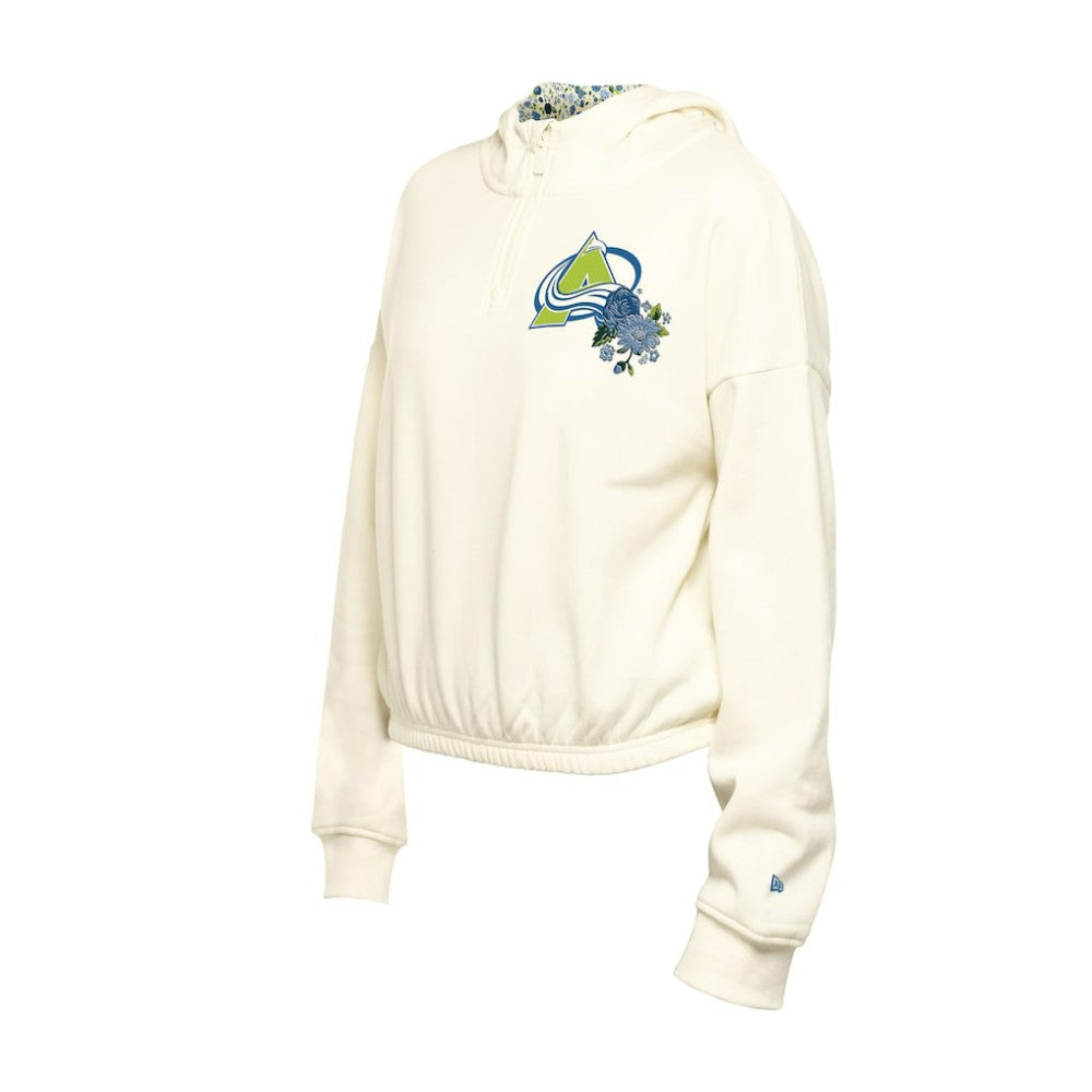 Colorado Avalanche New Era Women's Glam Game Quarter-Zip Cropped Floral Hoodie Pullover - Cream - NHL