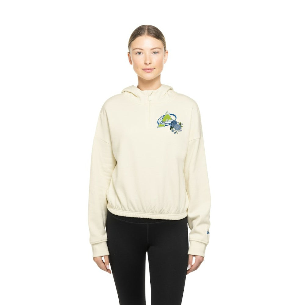 Colorado Avalanche New Era Women's Glam Game Quarter-Zip Cropped Floral Hoodie Pullover - Cream - NHL