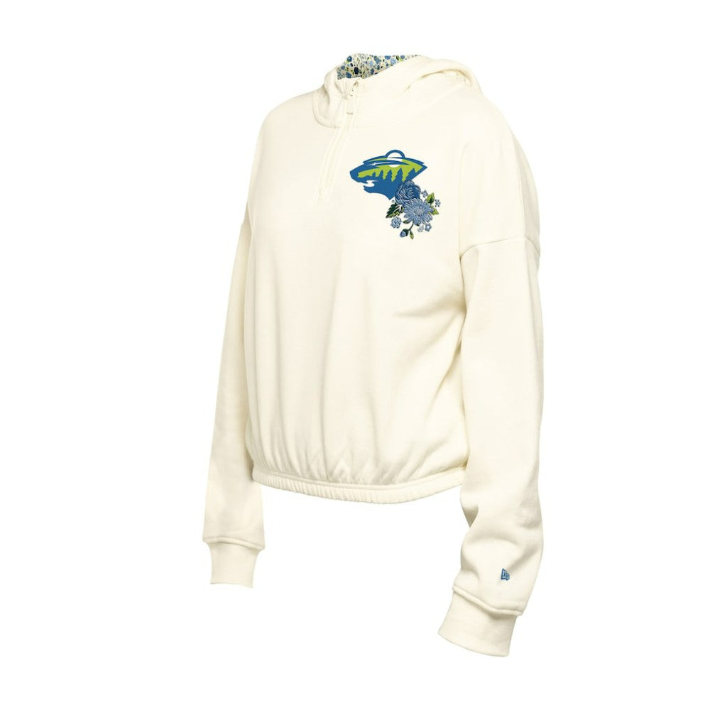 Minnesota Wild New Era Women's Glam Game Quarter-Zip Cropped Floral Hoodie Pullover - Cream - NHL