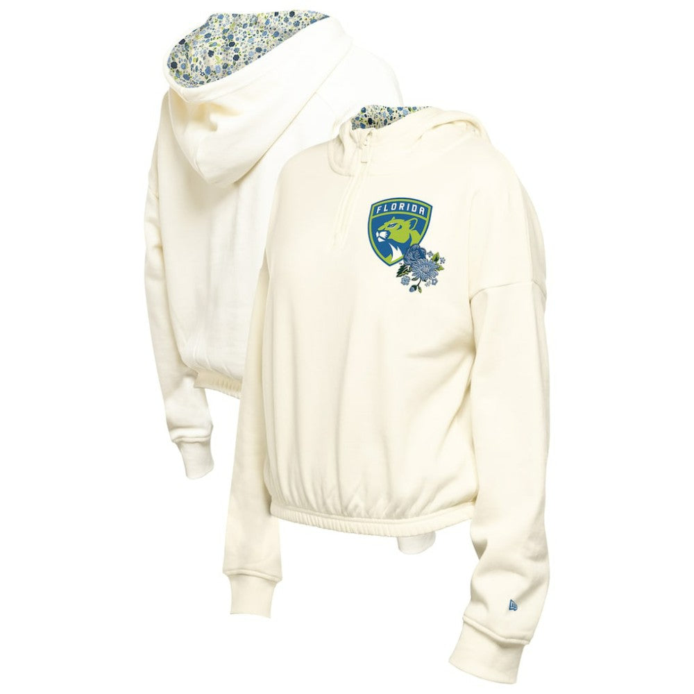 Florida Panthers New Era Women's Glam Game Quarter-Zip Cropped Floral Hoodie Pullover - Cream - NHL