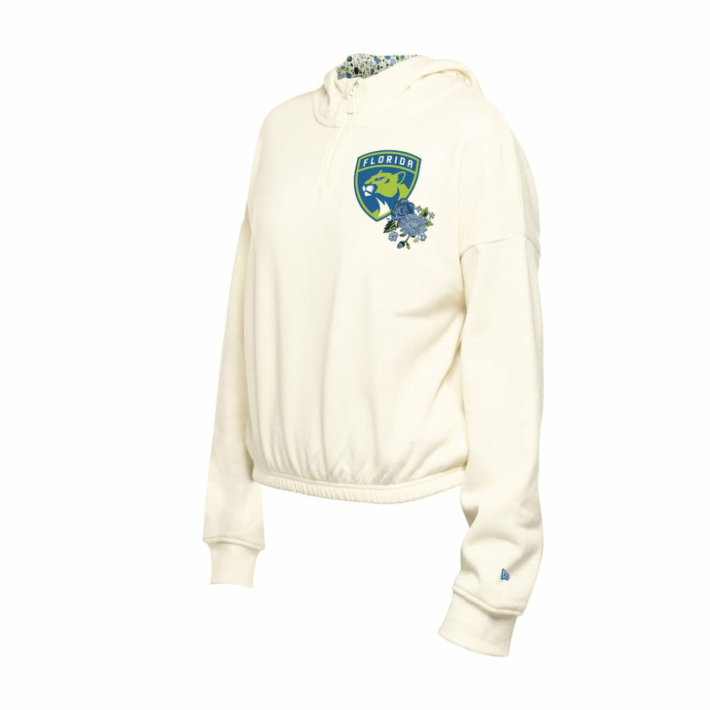 Florida Panthers New Era Women's Glam Game Quarter-Zip Cropped Floral Hoodie Pullover - Cream - NHL