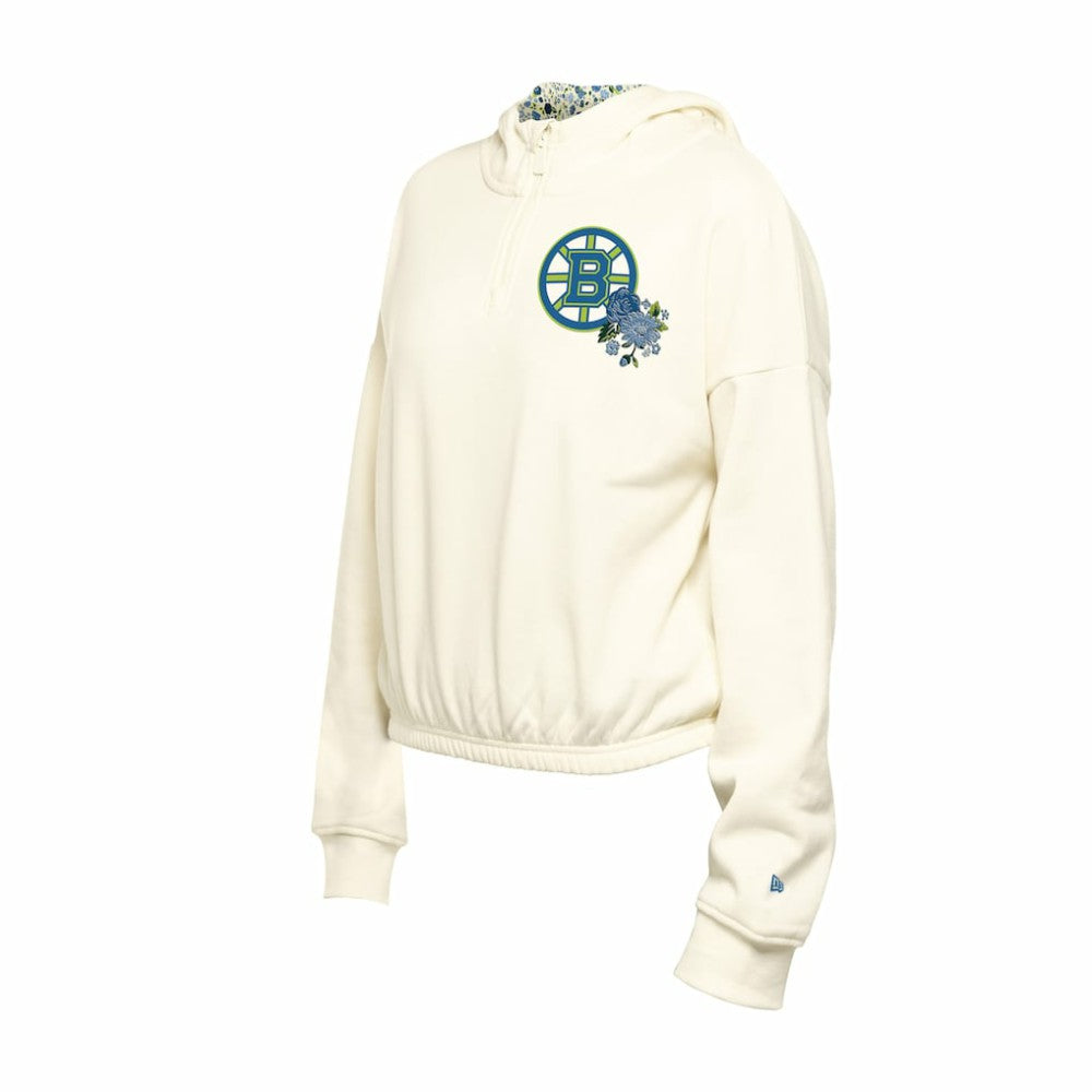 Boston Bruins New Era Women's Glam Game Quarter-Zip Cropped Floral Hoodie Pullover - Cream - NHL