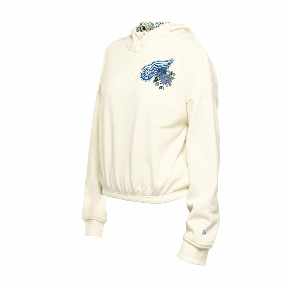 Detroit Red Wings New Era Women's Glam Game Quarter-Zip Cropped Floral Hoodie Pullover - Cream - NHL