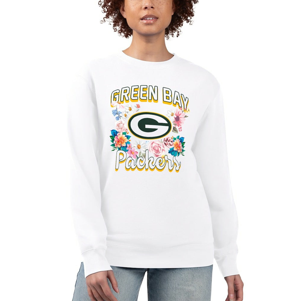 Green Bay Packers G-III 4Her by Carl Banks Women's Flower Logo Graphic Fleece Pullover Sweatshirt White | NFL