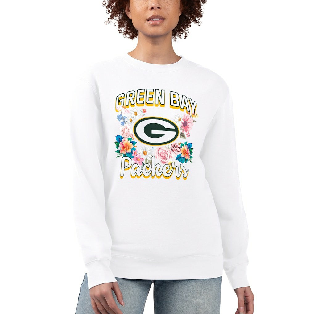 Green Bay Packers G-III 4Her by Carl Banks Women's Flower Logo Graphic Fleece Pullover Sweatshirt White | NFL