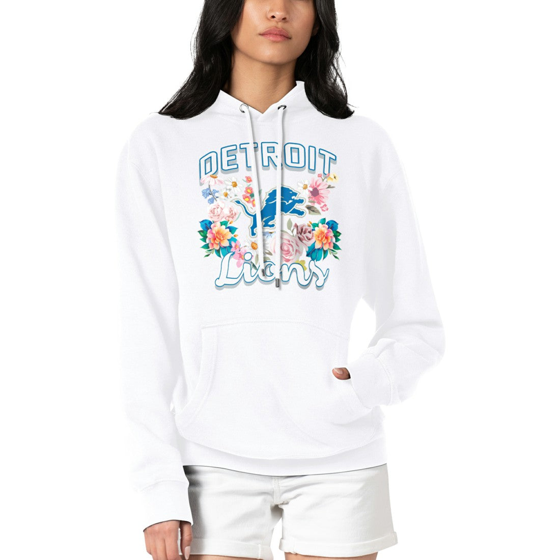 Detroit Lions G-III 4Her by Carl Banks Women's Flowers Team Logo Graphic Fleece Pullover Hoodie White | NFL