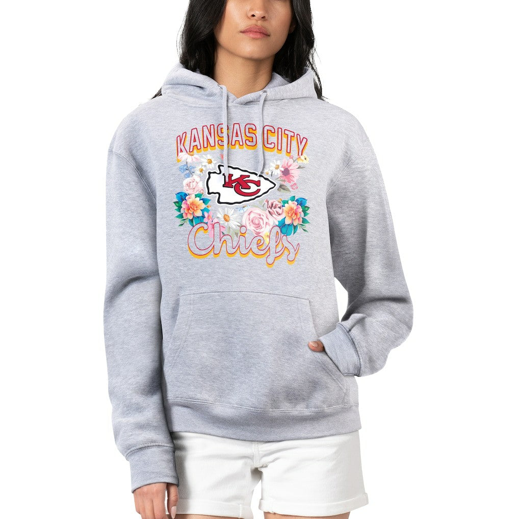 Kansas City Chiefs G-III 4Her by Carl Banks Women's Flowers Team Logo Graphic Fleece Pullover Hoodie Heather Gray | NFL