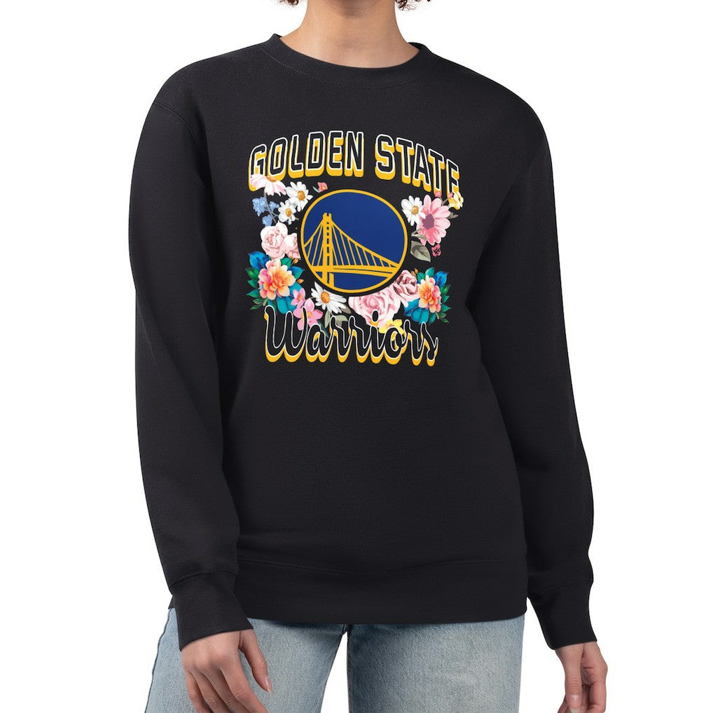 Golden State Warriors G-III 4Her by Carl Banks Women's Flowers Team Logo Graphic Fleece Crewneck Pullover Sweatshirt Black - NBA