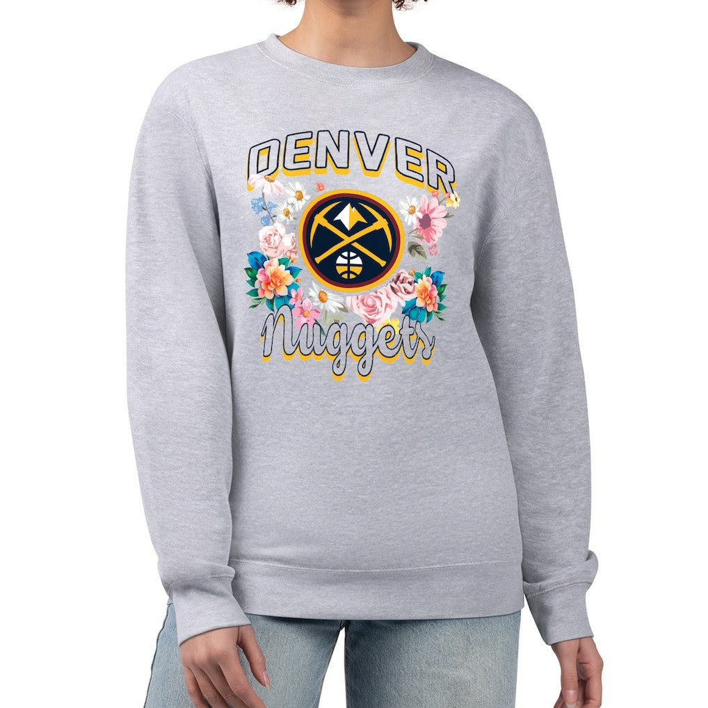 Denver Nuggets G-III 4Her by Carl Banks Women's Flowers Team Logo Graphic Fleece Crewneck Pullover Sweatshirt Heather Gray - NBA