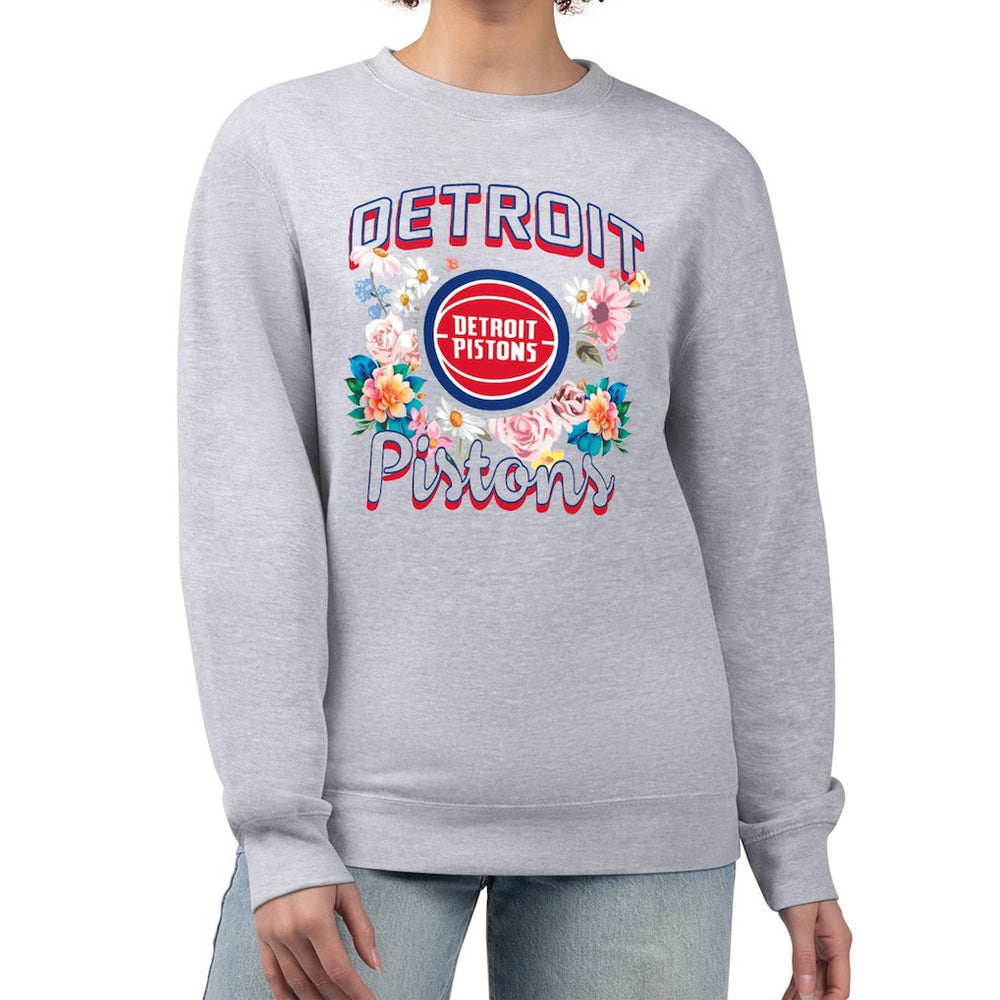 Detroit Pistons G-III 4Her by Carl Banks Women's Flowers Team Logo Graphic Fleece Crewneck Pullover Sweatshirt Heather Gray - NBA