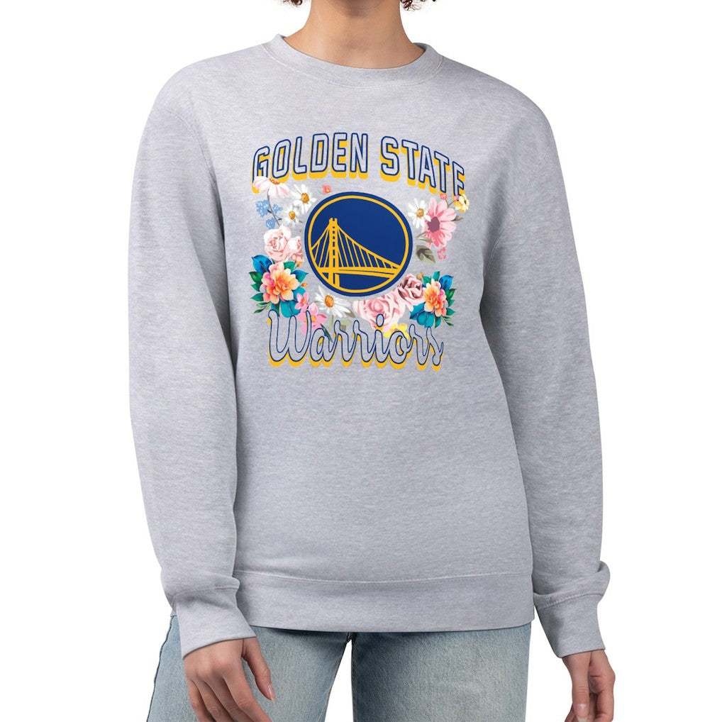 Golden State Warriors G-III 4Her by Carl Banks Women's Flowers Team Logo Graphic Fleece Crewneck Pullover Sweatshirt Heather Gray - NBA