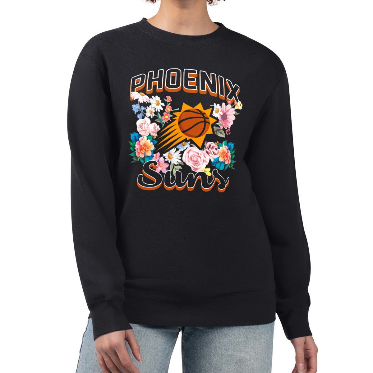 Phoenix Suns G-III 4Her by Carl Banks Women's Flowers Team Logo Graphic Fleece Crewneck Pullover Sweatshirt Black - NBA
