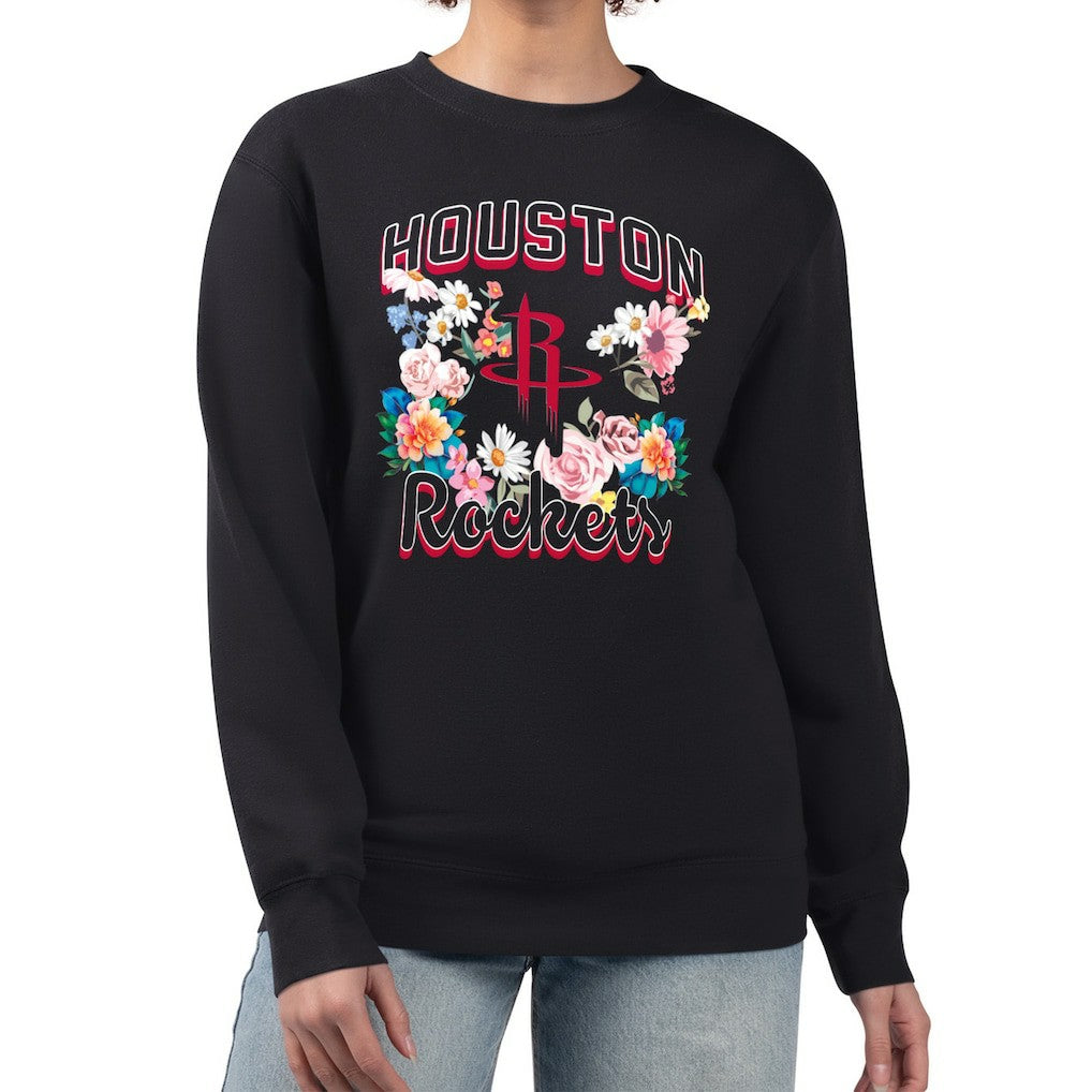 Houston Rockets G-III 4Her by Carl Banks Women's Flowers Team Logo Graphic Fleece Crewneck Pullover Sweatshirt Black - NBA