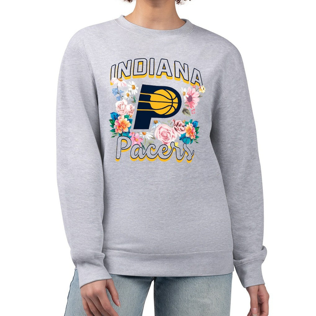 Indiana Pacers G-III 4Her by Carl Banks Women's Flowers Team Logo Graphic Fleece Crewneck Pullover Sweatshirt Heather Gray - NBA