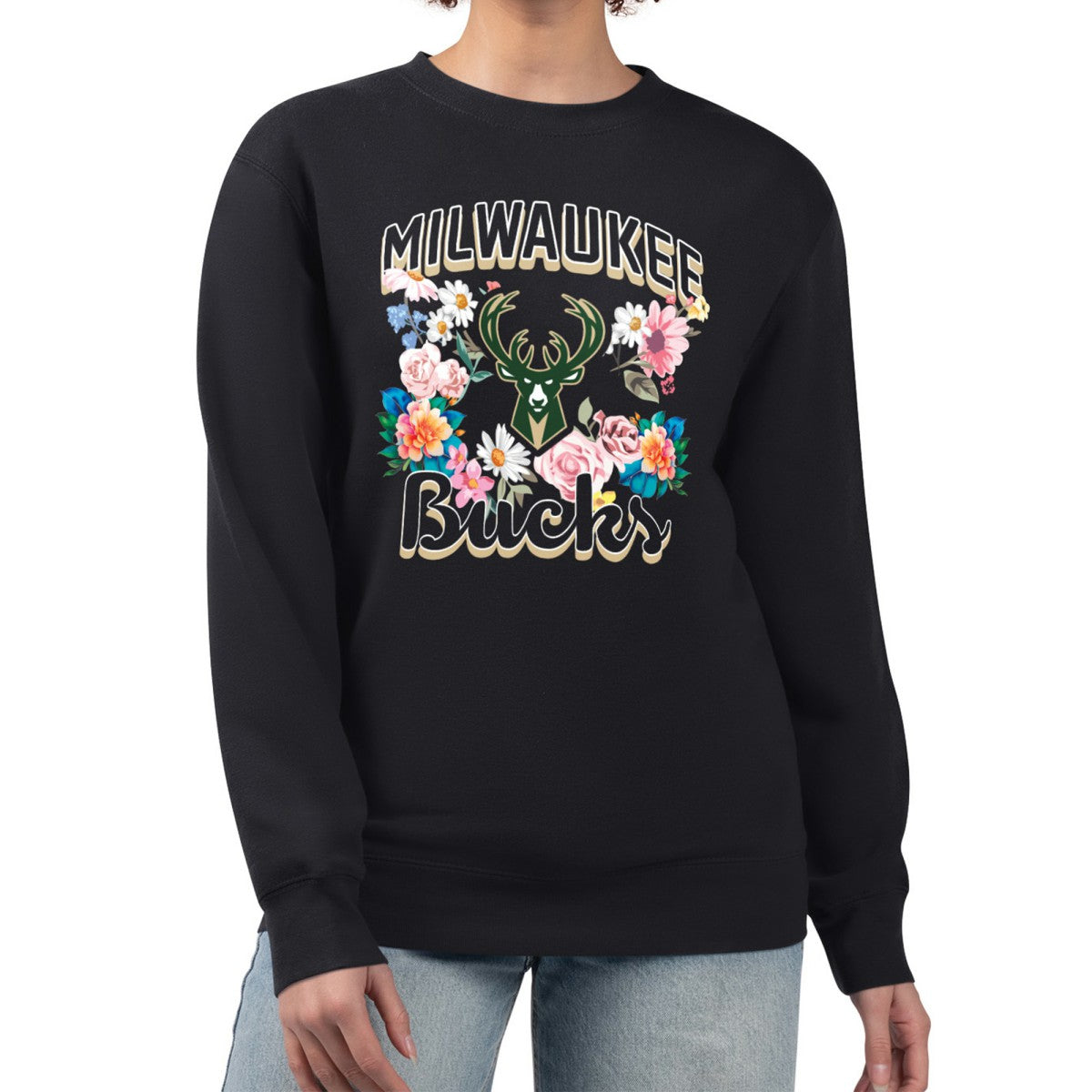 Milwaukee Bucks G-III 4Her by Carl Banks Women's Flowers Team Logo Graphic Fleece Crewneck Pullover Sweatshirt Black - NBA