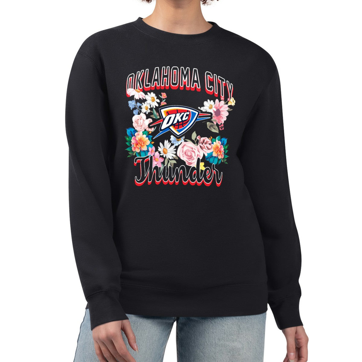 Oklahoma City Thunder G-III 4Her by Carl Banks Women's Flowers Team Logo Graphic Fleece Crewneck Pullover Sweatshirt Black - NBA