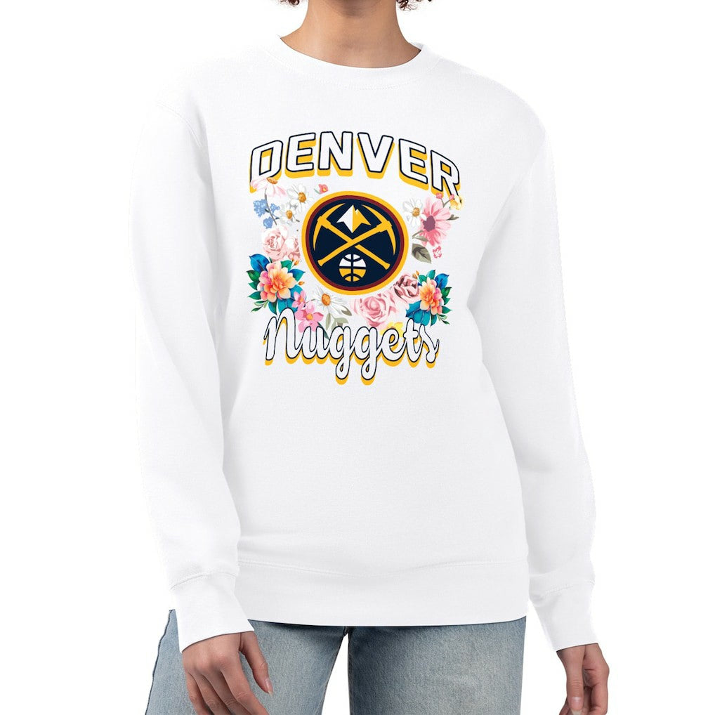 Denver Nuggets G-III 4Her by Carl Banks Women's Flowers Team Logo Graphic Fleece Crewneck Pullover Sweatshirt White - NBA