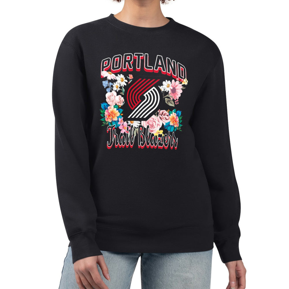 Portland Trail Blazers G-III 4Her by Carl Banks Women's Flowers Team Logo Graphic Fleece Crewneck Pullover Sweatshirt Black - NBA