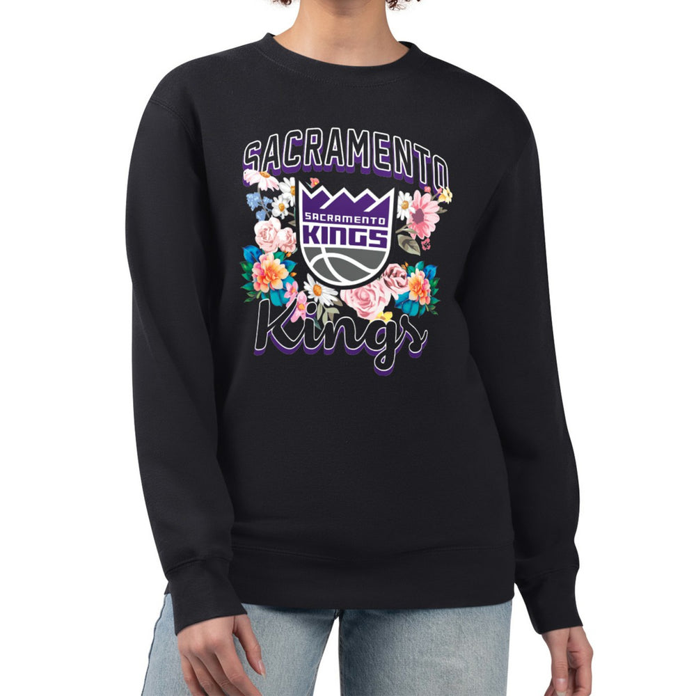 Sacramento Kings G-III 4Her by Carl Banks Women's Flowers Team Logo Graphic Fleece Crewneck Pullover Sweatshirt Black - NBA