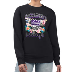 Sacramento Kings G-III 4Her by Carl Banks Women's Flowers Team Logo Graphic Fleece Crewneck Pullover Sweatshirt Black - NBA