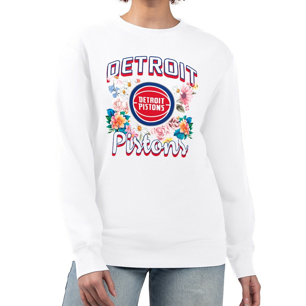 Detroit Pistons G-III 4Her by Carl Banks Women's Flowers Team Logo Graphic Fleece Crewneck Pullover Sweatshirt White - NBA