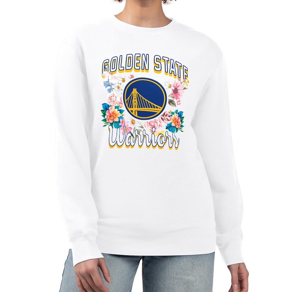 Golden State Warriors G-III 4Her by Carl Banks Women's Flowers Team Logo Graphic Fleece Crewneck Pullover Sweatshirt White - NBA