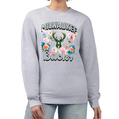 Milwaukee Bucks G-III 4Her by Carl Banks Women's Flowers Team Logo Graphic Fleece Crewneck Pullover Sweatshirt Heather Gray - NBA